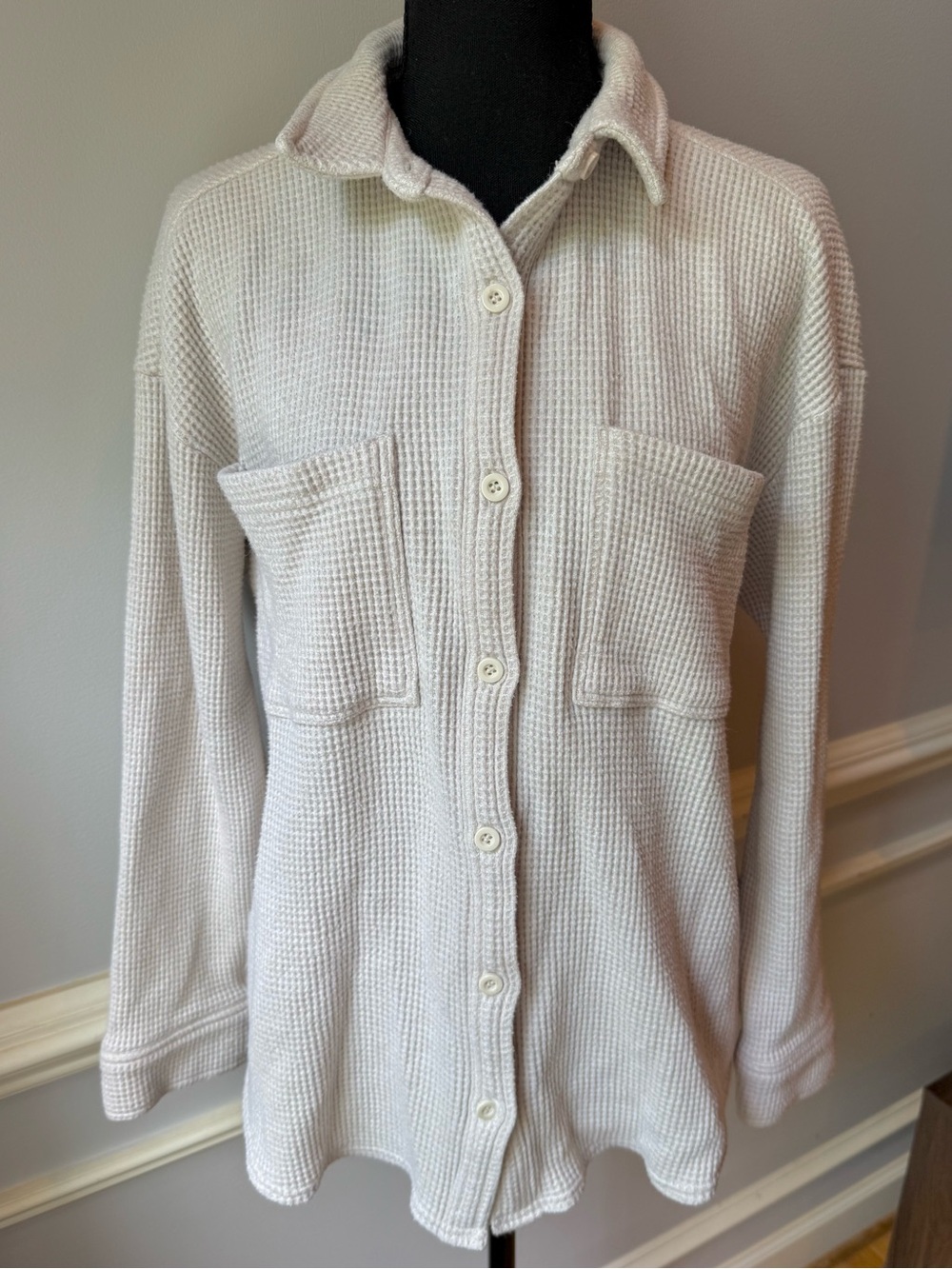 Abound Cream Waffle Knit Oversized Shacket Button‎ Front Pocket Top Medium